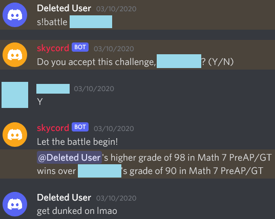 A Skycord GPA battle comparing two students' averages in seventh-grade math