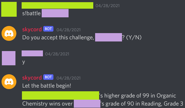 A Skycord GPA battle comparing two students' averages in organic chemistry and third-grade reading